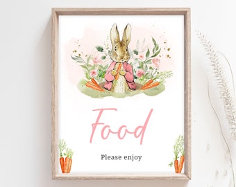 Pink Peter Rabbit Baby Shower Food Sign, Peter Rabbit Girl Baby Shower Foods Table Sign, A Little Bunny Spring Shower Food Party Signs, 0626