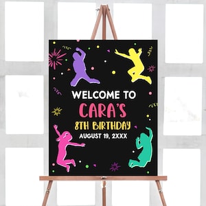 Cartello di benvenuto per compleanno &quot;Jump&quot; modificabile, cartello di compleanno con trampolino, cartello per festa &quot;Let&#39;s Jump&quot;, cartello per festa con castello gonfiabile, cartello per compleanno con ginnastica 92BD