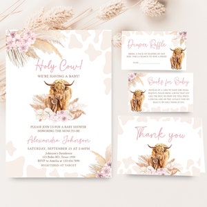 Editable Boho Highland Cow Baby Shower Invitation Bundle, Pink Holy Cow Baby Shower Invite Set, Girl Highland Cow Boho Baby Shower, 0509