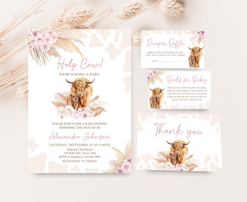 Editable Boho Highland Cow Baby Shower Invitation Bundle, Pink Holy Cow Baby Shower Invite Set, Girl Highland Cow Boho Baby Shower, 0509 image 1
