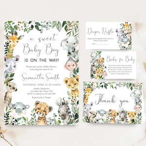 Editable Safari Baby Shower Invitation Bundle, Sweet Baby Boy Jungle Baby Shower Invite Set, Greenery Safari Animals Baby Shower Invite 0678 image 1