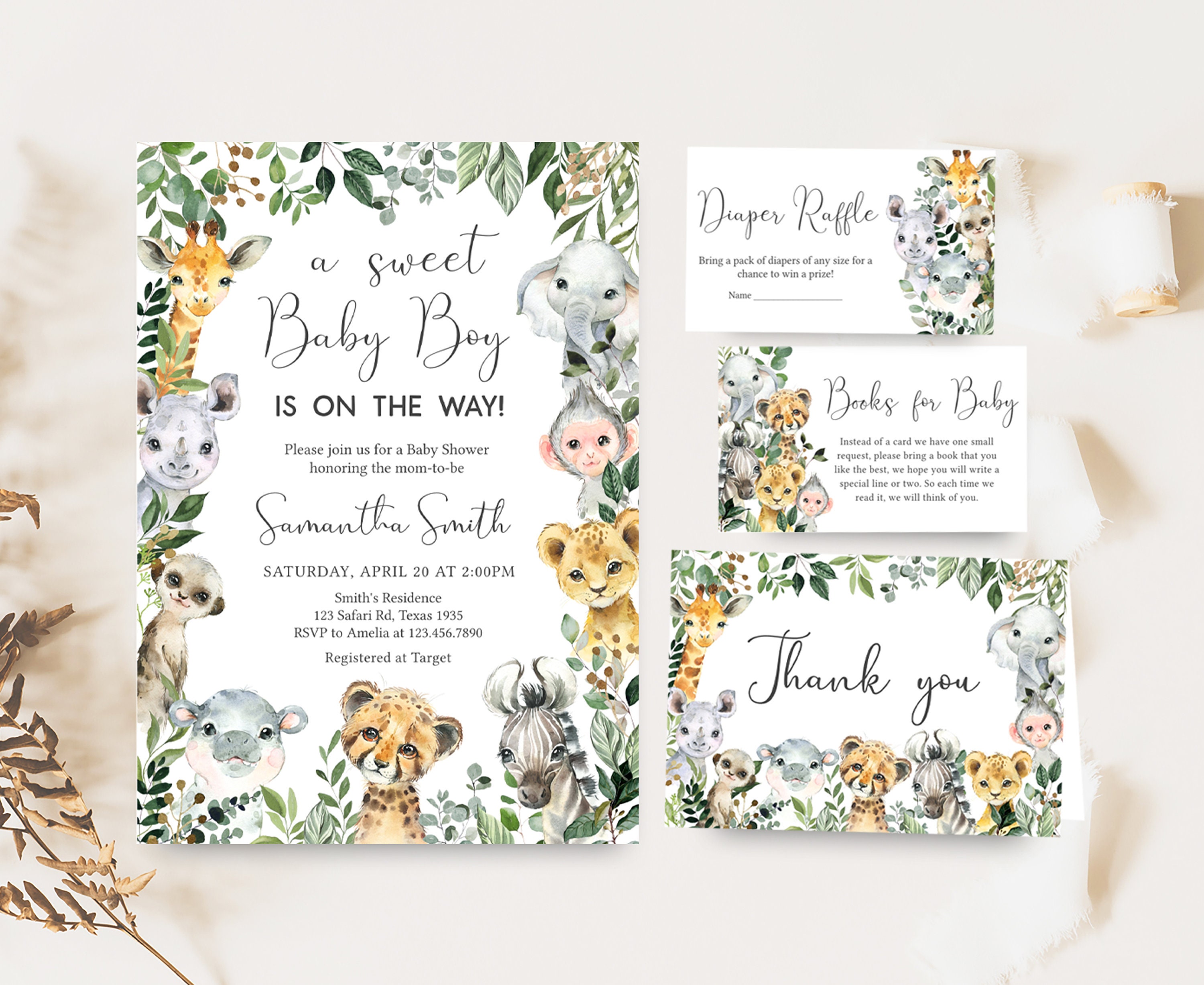 Editable Safari Baby Shower Invitation Bundle, Sweet Baby Boy Jungle Baby Shower Invite Set, Greenery Safari Animals Baby Shower Invite 0678