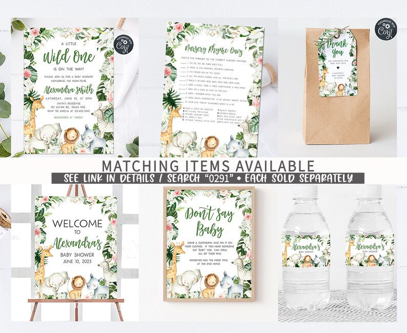 Editable Greenery Safari Baby Shower Welcome Sign, Floral Jungle Baby Shower Welcome Poster, Safari Animals Wild One Baby Shower Sign, 0291 image 3