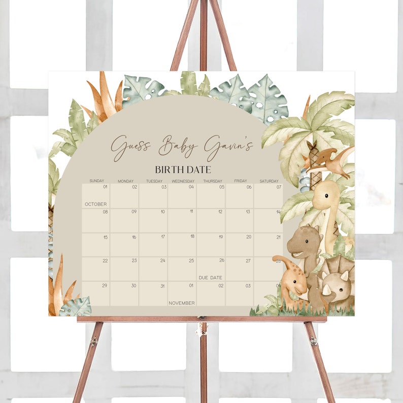 Redigerbar dinosaurie-babyshowerkalender för förfallodatum, babydinosaurie-boho-babyshowerkalender, neutral dinosaurie-babyshowerfödelsedagsförutsägelse, 0666 bild 1