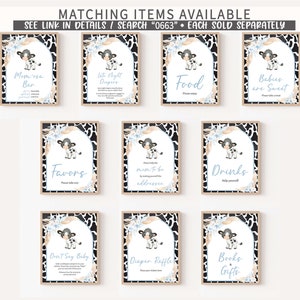 May include: Set of ten printable signs for a baby shower. Each sign features a cute cartoon cow with black and white spots and blue accents. The signs include titles such as "Momosa Bar", "Little Night Diapers", "Food", "Babies are Sweet", "Favors", "Please help the mom-to-be by making yourself the addressee", "Drinks", "Don't Say Baby", "Diaper Raffle", and "Books & Gifts".