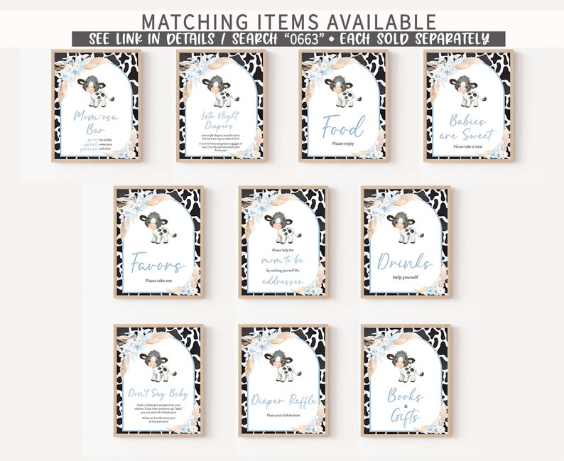 May include: Set of ten printable signs for a baby shower. Each sign features a cute cartoon cow with black and white spots and blue accents. The signs include titles such as "Momosa Bar", "Little Night Diapers", "Food", "Babies are Sweet", "Favors", "Please help the mom-to-be by making yourself the addressee", "Drinks", "Don't Say Baby", "Diaper Raffle", and "Books & Gifts".
