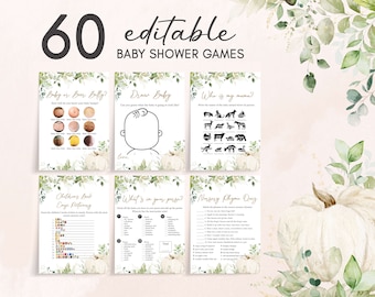 Edytowalny pakiet gier na baby shower Greenery Pumpkin, neutralny pod względem płci jesienny pakiet gier na baby shower, gry na baby shower Little Pumpkin, 0818