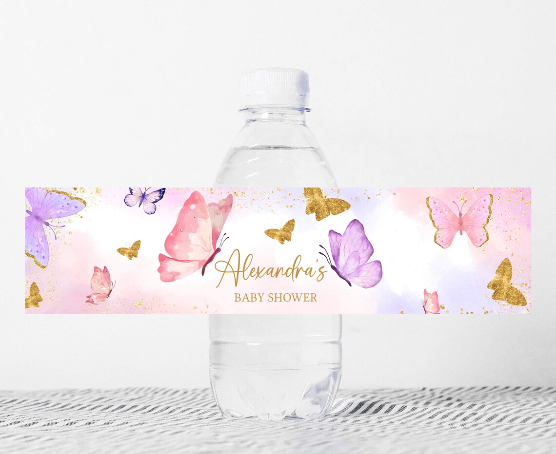 Pink Butterfly Label Editable Pink Butterfly Girl Baby Shower Bottle Label, Purple ...