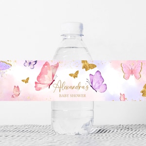 Étiquette de biberon modifiable papillon rose fille, étiquettes d'eau de douche de bébé papillons violets, sticker biberon papillon bohème doré, 0683
