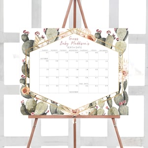 Kaktus-Babypartykalender, Boho-Babyparty-Fälligkeitskalender, Wüste Guess Baby Fälligkeitsdatum Sukkulenten Geburtstag Voraussagen Vorlage 0237