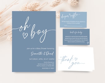 Editable Oh Boy Minimalist Baby Shower Invitation Bundle, Boho Baby Shower Invite Set, Modern Blue Baby Boy Baby Shower Invitation, 0655