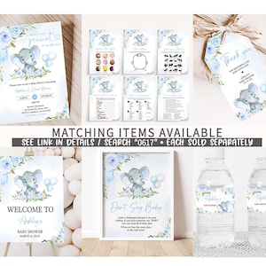 May include: A blue and white baby shower invitation with a cute elephant illustration. The invitation says "A sweet little peanut is on the way" and includes the baby's name, date, time, and location. Matching items are available.