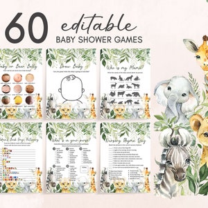 Paquete de juegos Jungle Baby Shower Safari Animales Baby Shower Actividad Juegos imprimibles Safari Baby Shower Juego Pack Greenery Género Neutral 0179
