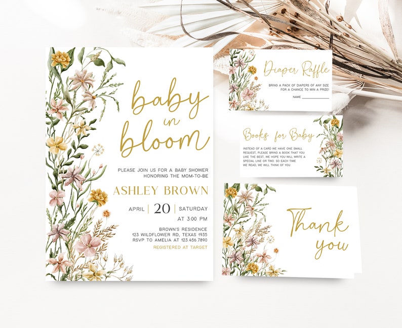 Editable Baby in Bloom Garden Baby Shower Invitation Bundle, Wildflower Spring Baby Shower Invite Set, Baby in Bloom Floral Baby Shower 0685 image 1