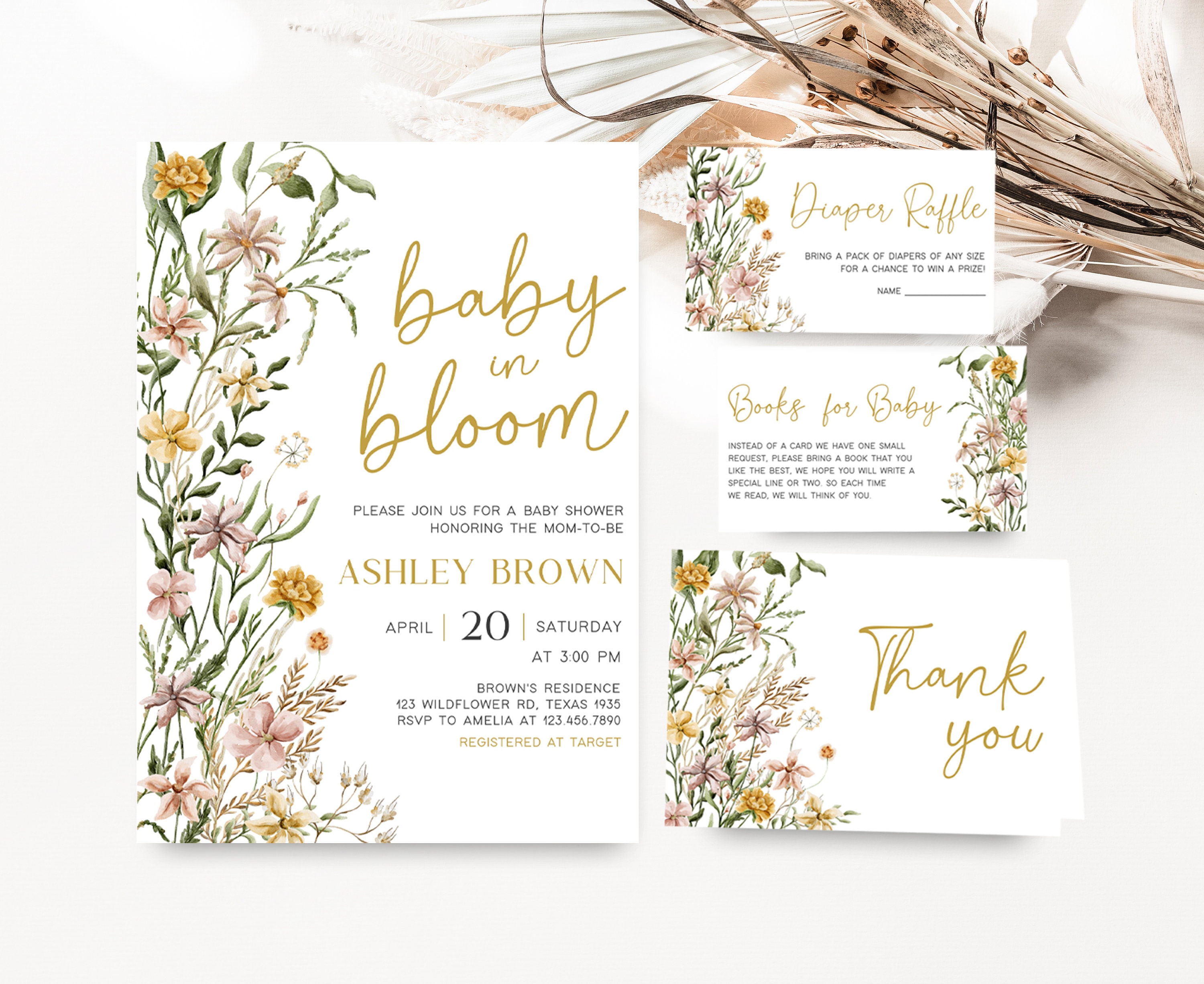 Spring Invitations Bloom Editable Baby in Bloom Garden Baby Shower Invitation Bundle, Wildflower ...