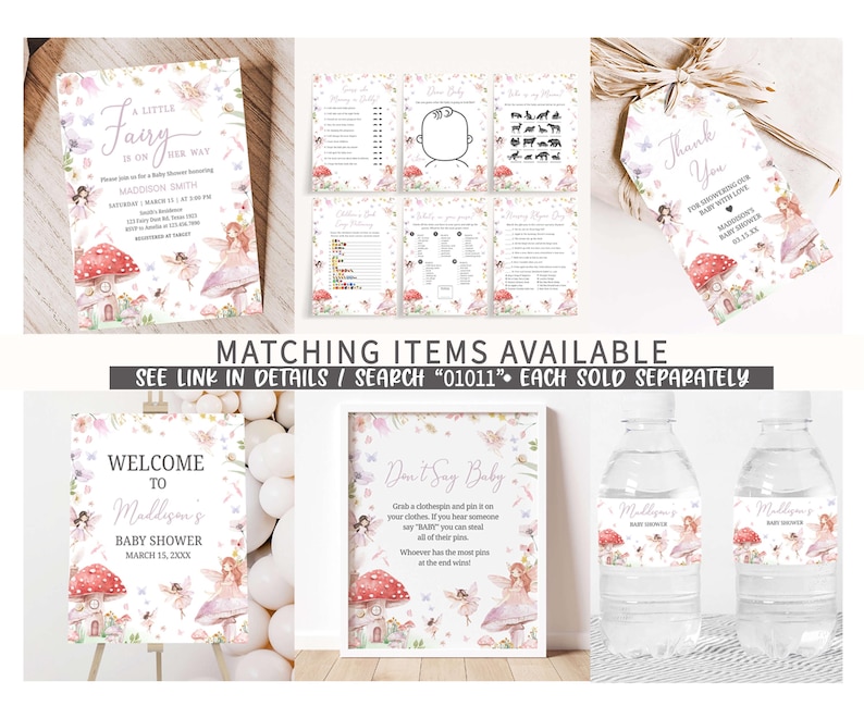 a set of wedding items including a water bottle and a card