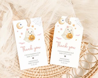 Editable Our Little Boo Halloween Baby Shower Favor Tag, Pink Spooky Ghost Baby Shower Gift Tag, Girl Halloween Shower Thank you Tag, 01153