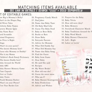 K&ouml;nnte beinhalten: Babyparty-Spielvorlagen mit einem rosa-wei&szlig;en Winterthema. Das Bild zeigt eine Liste bearbeitbarer Spiele, ein Kinderbuch-Emoji-W&ouml;rterbuch und ein Spiel "Who is my Mama?". Der Text lautet "Matching Items Available".