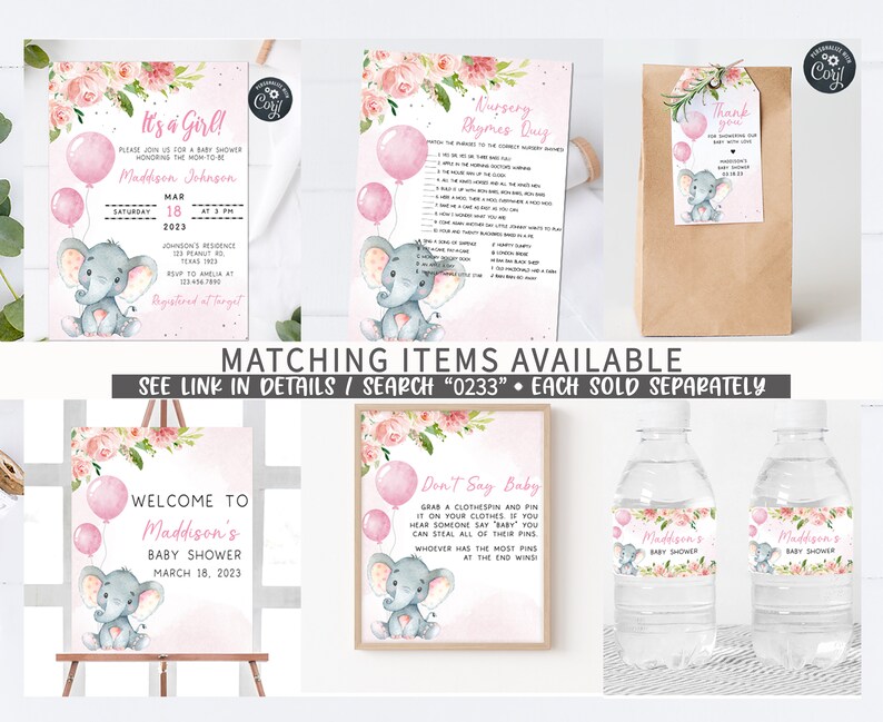 May include: A set of printable baby shower decorations featuring a pink and gray elephant with floral accents. The set includes a welcome sign, a game card, a thank you tag, and water bottle labels. The text on the welcome sign reads "Welcome to Maddison's Baby Shower March 18, 2023". The text on the game card reads "Don't Say Baby". The text on the thank you tag reads "Thank you for celebrating our baby with love". The text on the water bottle labels reads "Maddison's Baby Shower".