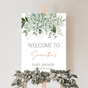 Bearbeitbares Baby in Bloom Babyparty Willkommensschild, Sukkulente Geschlechtsneutrales Babyparty Willkommensplakat, Sukkulenten Greenery Babyparty, 0681