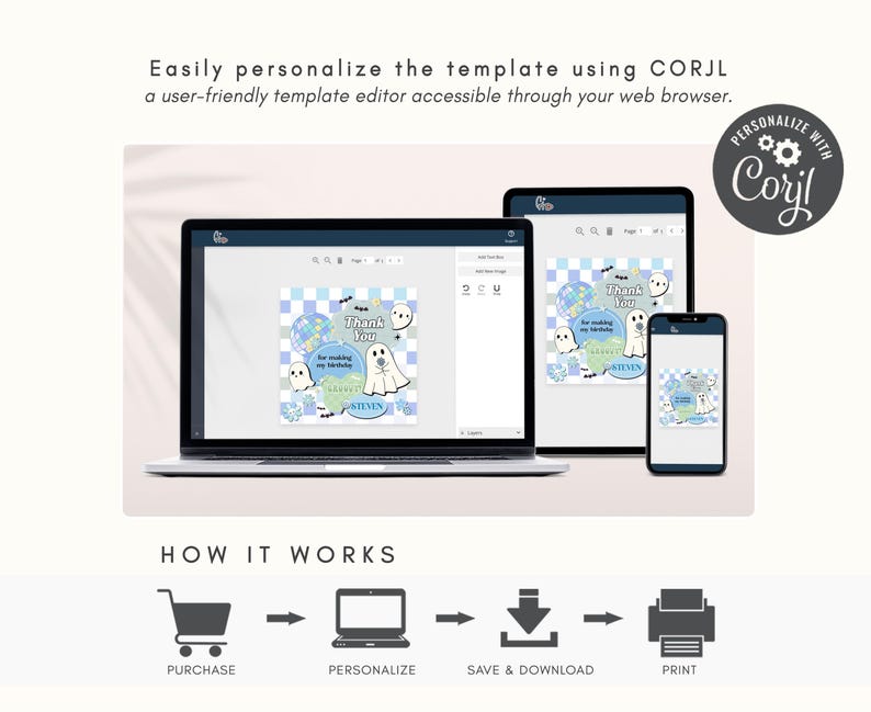 a laptop, phone, and tablet are shown with the text easy personalize the
