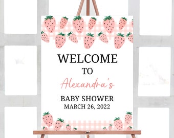 Fresa bebé ducha signo de bienvenida, baya dulce bienvenida bebé ducha signo, verano bebé ducha niña linda fresa fiesta decoraciones 0180