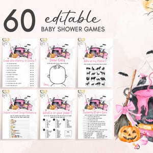 編集可能なピンクの「赤ちゃんが生まれる」ハロウィンベビーシャワーゲームバンドル、不気味な魔女ベビーシャワーゲームパック、女の子向けハロウィンシャワーゲーム、01148
