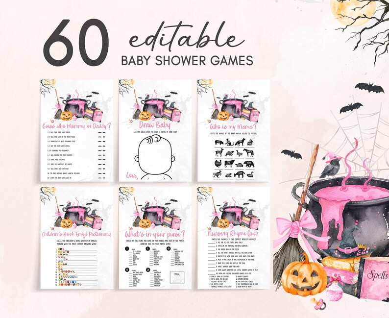 a collection of 60 baby shower games, including a spooky witch's brew, a baby's head, and various Halloween-themed elements.