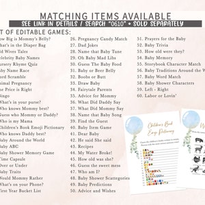 Puede incluir: Un conjunto de juegos de baby shower imprimibles con un esquema de color azul y blanco. Los juegos incluyen "How Big is Mommy's Belly?", "What's in the Diaper Bag", "Old Wives Tales", "Celebrity Baby Names", "Nursery Rhyme Quiz", "Baby Name Race", "Word Scramble", "Animal Pregnancy", "The Price is Right", "Bingo", "What's in your purse?", "Who knows Mommy best?", "Guess who Mommy or Daddy?", "Who is my Mama", "Children's Book Emoji Pictionary", "Who knows Daddy best?", "Baby Around the World", "Baby ABC", "Baby Shower Memory Game", "Time Capsule", "Over or Under", "Baby Traits", "Would Mommy Rather", "What's on your Phone?", "First Year Bucket List", "Pregnancy Candy Match", "Dad Jokes", "Name that Baby Tune", "Oh Baby Mad Libs", "Guess The Baby Food", "Baby or Beer Belly", "Boobs or Butt", "Draw Baby", "Fairytale Parents", "Advice for Mommy", "What Did Daddy Say", "What Did Mommy Say", "Name that Baby Song", "Find the Guest", "Baby Item Game", "Dear Baby", "He said She said", "Recipes", "My Water Broke!", "How old was she?", "Guess the sweet mess", "Who am I?", "Baby Shower Scattegories", "Baby Predictions", "Advice and Wishes", "Prayers for the Baby", "Baby Trivia", "How old were they?", "Baby Memory", "Storybook Character Match", "Baby Traditions Around the World", "Baby Word Match", "Baby Shower Characters", "Left - Right", "Labor or Lovin'".