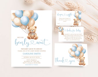 Editable Boho Bear Baby Shower Invitation Bundle, Blue Balloon Baby Shower Invite Set, We Can Bearly Wait Boy Baby Shower Invitation, 0672