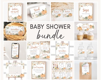 May include: A baby shower bundle featuring various stationery items with a fall theme. The designs include pumpkins, floral accents, and text such as "Babies are sweet" and "Welcome to Samantha's Baby Shower". Includes signs, invitations, and cupcake toppers.