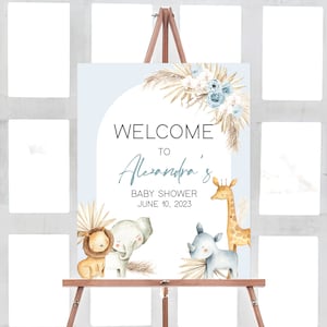 Bearbeitbares Boho Safari Babyparty Willkommensschild, Blaues Blumendschungel-Babyparty-Willkommensplakat, Jungen Safaritiere Boho Babypartyschild, 0315