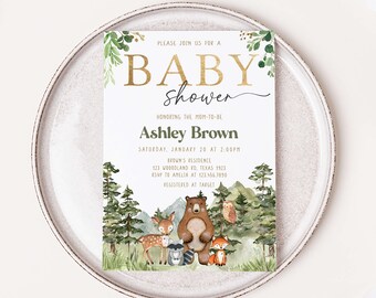 Editable Woodland Baby Shower Invitation, Gender Neutral Woodland Animals Baby Shower Invite, Greenery Forest Baby Shower Invitation, 0591