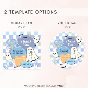 a picture of two stickers that say, thank you and round tags