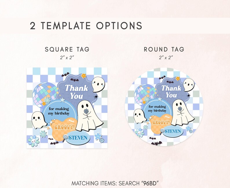 a picture of two stickers that say, thank you and round tags