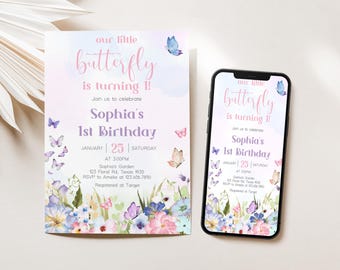 Faire-part d'anniversaire papillon modifiable, invitation papillon floral rose, invitation fête papillon violet, invitation notre petit papillon, 47BD