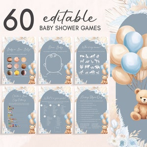 Bundle modifiable de jeux de baby shower garçon ours bohème, pack de jeux de baby shower ours ballon bleu, jeux de baby shower we can Bearly Wait modèle 0691 image 1