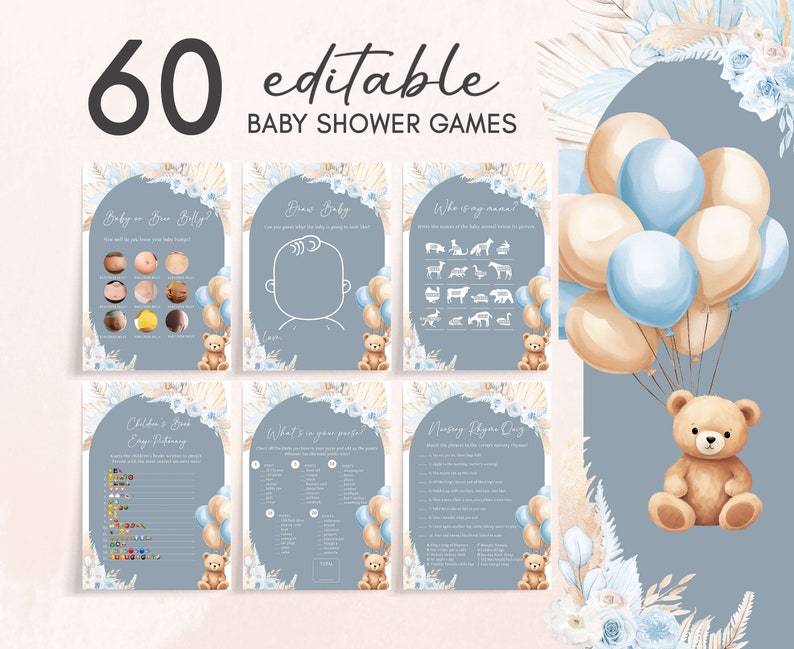 Bundle modifiable de jeux de baby shower garçon ours bohème, pack de jeux de baby shower ours ballon bleu, jeux de baby shower we can Bearly Wait modèle 0691 image 1