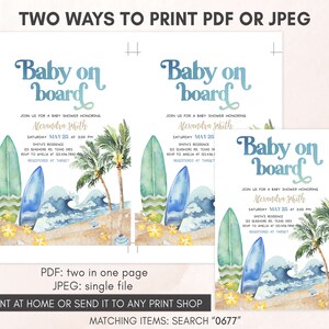 Editable Baby on Board Baby Shower Invitation, Surf Board Beach Baby Shower Invite, Surfing Summer Boy Baby Shower Invitation Template, 0677 image 3