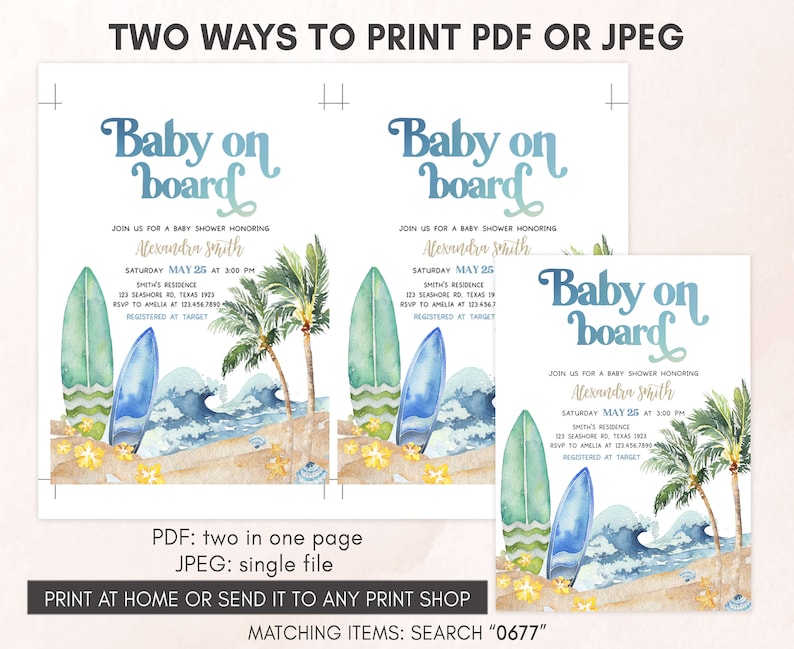 Editable Baby on Board Baby Shower Invitation, Surf Board Beach Baby Shower Invite, Surfing Summer Boy Baby Shower Invitation Template, 0677 image 3