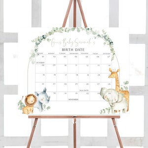 Bearbeitbarer Dschungel-Babyparty-Fälligkeitskalender, Safari-Babypartykalender, geschlechtsneutraler Dschungeltier-Geburtstagsvorhersagen Vorlage 0282