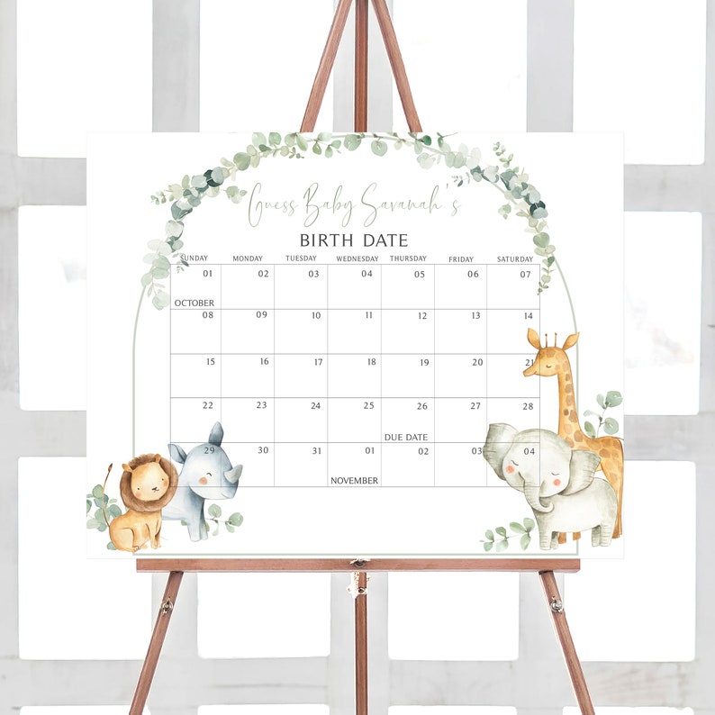 Bearbeitbarer Dschungel-Babyparty-Fälligkeitskalender, Safari-Babypartykalender, geschlechtsneutraler Dschungeltier-Geburtstagsvorhersagen Vorlage 0282 Bild 1