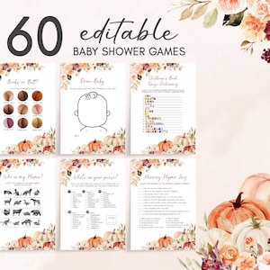 Editable Burgundy Floral Pumpkin Baby Shower Games Bundle, Marsala Fall Baby Shower Game Pack, Fall Pumpkin Baby Shower Game Template 0470