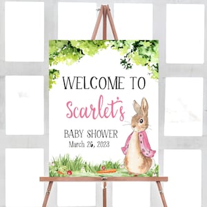 Editable Pink Peter Rabbit Baby Shower Welcome Sign Girl Rustic Bunny Baby Shower Welcome Sign Spring Garden Party Printable Template 0241