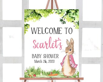 Editable Pink Peter Rabbit Baby Shower Welcome Sign Girl Rustic Bunny Baby Shower Welcome Sign Spring Garden Party Printable Template 0241