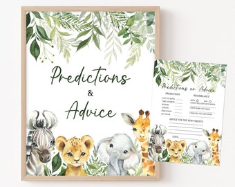 Predictions and Advice Sign Jungle Baby Shower Advice Card  Safari Animals Baby Shower Game Safari Printable Sign Greenery Decorations 0179