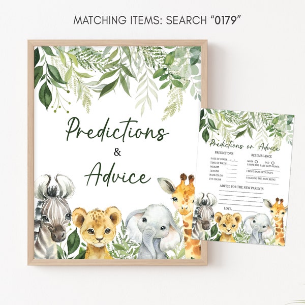 Predictions and Advice Sign Jungle Baby Shower Advice Card  Safari Animals Baby Shower Game Safari Printable Sign Greenery Decorations 0179