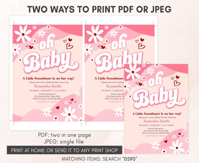 Editable Retro Groovy Valentine Sweetheart Baby Shower Invitation, Valentine Baby Shower Invite, Red Heart Baby Shower Invite Template 0590 image 3
