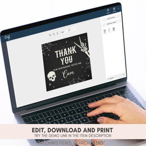 a person typing on a laptop with a thank you sticker on the screen