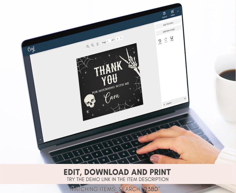a person typing on a laptop with a thank you sticker on the screen